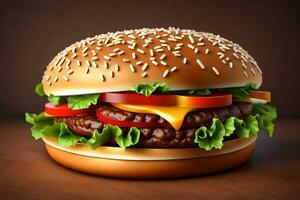 ai généré une Hamburger est montré sur une foncé Contexte photo