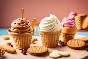 ai généré divers la glace crème cônes et biscuits sur une table photo