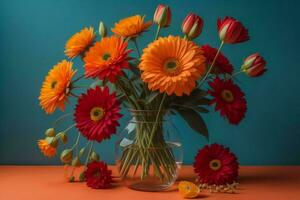 ai généré bouquet de Gerberas dans une vase sur une bleu Contexte. génératif ai photo