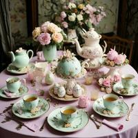 ai généré tasse de thé avec théière et pastel rose fleurs. génératif ai photo