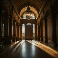 ai généré intérieur de un vieux église avec Colonnes et les fenêtres. génératif ai photo