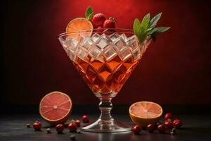 ai généré cocktail avec fraise, Orange et menthe sur une foncé Contexte. génératif ai photo