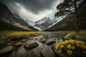 ai généré magnifique Montagne paysage avec Lac et forêt. génératif ai photo