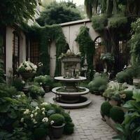 ai généré magnifique jardin avec fleurs et les plantes dans le jardin, ancien Ton. génératif ai photo