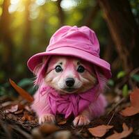 ai généré mignonne poméranien chien portant rose chapeau et manteau dans l'automne forêt. génératif ai photo