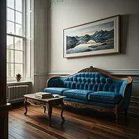 ai généré luxe vivant pièce intérieur avec une bleu canapé et une image sur le mur. génératif ai photo