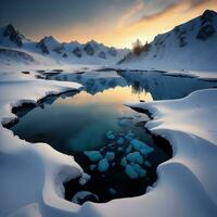 ai généré Montagne Lac dans hiver à le coucher du soleil. magnifique hiver paysage avec congelé lac. génératif ai photo