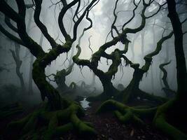 ai généré mystérieux foncé forêt avec brouillard et arbre racines. Halloween Contexte. génératif ai photo