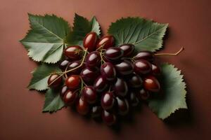 ai généré bouquet de rouge les raisins avec feuilles sur marron arrière-plan, Haut voir. génératif ai photo