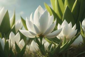 ai généré magnifique blanc tulipe fleurs épanouissement dans le jardin. la nature Contexte. génératif ai photo