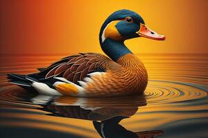 ai généré magnifique canard nager sur le l'eau avec Orange arrière-plan, génératif ai photo