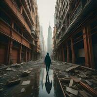 ai généré une homme dans une imperméable des promenades le long de une inondé rue dans le ville. génératif ai photo