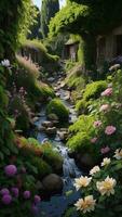 ai généré magnifique fleur jardin dans le jardin avec une étang et une cascade. génératif ai photo