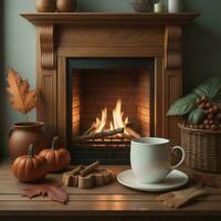 ai généré l'automne encore la vie avec une tasse de café sur une en bois table dans de face de une cheminée. génératif ai photo
