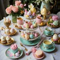 ai généré Pâques table réglage avec pastel coloré petits gâteaux, macarons et fleurs. génératif ai photo