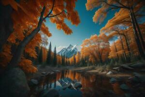 ai généré Montagne paysage avec l'automne des arbres et lac. génératif ai photo