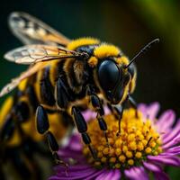 ai généré macro photo de une abeille sur une fleur. peu profond profondeur de champ. génératif ai