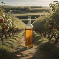 ai généré bouteille de Cidre sur une vignoble dans le Matin lumière. génératif ai photo