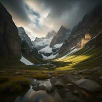 ai généré fantastique Montagne paysage avec enneigé pics dans le des nuages. génératif ai photo