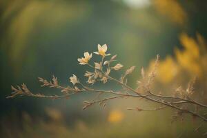 ai généré branche avec petit Jaune fleurs dans le Matin lumière du soleil. ancien Contexte. génératif ai photo