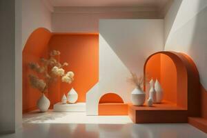 ai généré intérieur de moderne vivant pièce avec Orange et blanc des murs, béton sol et Orange des vases avec fleurs. ai généré photo