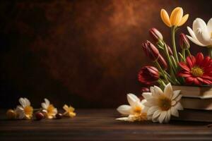 ai généré bouquet de tulipes et jonquilles sur une en bois Contexte. génératif ai photo