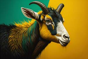 ai généré portrait de une chèvre avec cornes sur une vert jaunâtre Contexte. ai généré photo