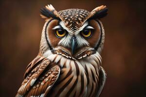 ai généré portrait de un hibou avec gros yeux sur une foncé Contexte. génératif ai photo