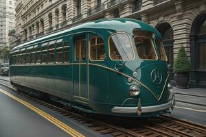 ai généré vieux train sur le rue dans Hong Kong, Chine. ancien style. génératif ai photo