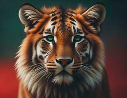 ai généré portrait de une tigre avec vert yeux sur une rouge Contexte. génératif ai photo