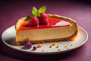 ai généré cheesecake avec framboises et menthe sur une violet Contexte. génératif ai photo