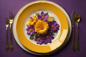 ai généré magnifique table réglage avec brillant fleurs sur violet arrière-plan, Haut voir. génératif ai photo