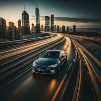 ai généré aérien vue de une moderne voiture conduite sur Autoroute avec mouvement se brouiller. ai généré photo