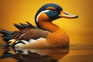 ai généré mandarin canard sur le eau, Orange arrière-plan, génératif ai photo