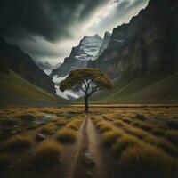 ai généré solitaire arbre sur le route dans le montagnes. génératif ai photo