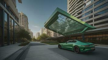 ai généré vert voiture dans de face de une moderne Bureau bâtiment. génératif ai photo