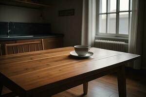 ai généré tasse de café sur une en bois table dans une moderne cuisine. génératif ai photo