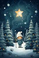 ai généré dessin animé illustration de une enfant en portant une lanterne dans une neigeux forêt établi avec génératif ai La technologie photo