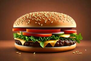 ai généré une Hamburger est montré sur une marron Contexte photo