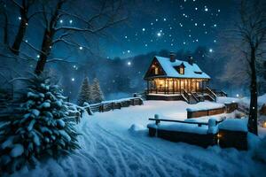 ai généré une cabine dans le neige avec étoiles au dessus il photo