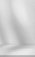 Contexte blanc mur studio avec ombre légère sur surface sol, vide cuisine pièce avec bureau podium afficher maquette, haut étagère bar avec lumière du soleil, toile de fond béton Contexte pour printemps cosmétique produit photo