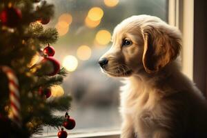 ai généré mignonne chiot suivant à Noël arbre photo