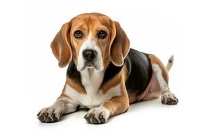 ai généré beagle de race chien mensonge vers le bas sur blanc photo