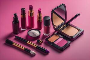 ai généré collection de maquillage et cosmétique beauté des produits arrangé sur rouge Contexte. ai génératif photo