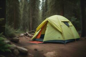 ai généré camping tente dans le forêt. camping dans le forêt. génératif ai photo