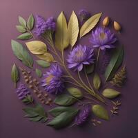 ai généré magnifique floral Contexte avec violet fleurs et feuilles. vecteur illustration. génératif ai photo
