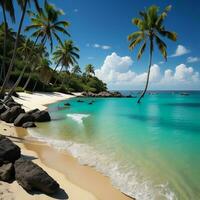 ai généré tropical plage avec paume des arbres et turquoise l'eau dans les Seychelles. génératif ai photo