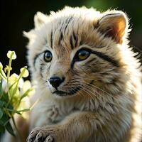 ai généré fermer portrait de une tigre lionceau avec une bouquet de fleurs. génératif ai photo