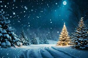 ai généré une neigeux nuit avec des arbres et une plein lune photo