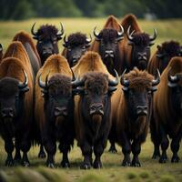 ai généré groupe de européen bison, bison bonasus dans le prairie. génératif ai photo